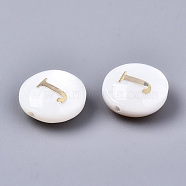 Natural Freshwater Shell Beads, with Golden Plated Brass Etched Metal Embellishments, Flat Round, Seashell Color, Letter.J, 8x3~5mm, Hole: 0.5~07mm(SHEL-S266-12J)