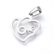 Valentine's Day 304 Stainless Steel Pendants, Heart with Word Love, Stainless Steel Color, 17.5x16x1.2mm, Hole: 2.5x5mm(STAS-M277-01P)