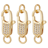 3Pcs Brass Micro Pave Clear Cubic Zirconia Lobster Claw Clasps, with Jump Rings, Long-Lasting Plated, Real 18K Gold Plated, 16x8x4mm, Hole: 3.2mm(ZIRC-BBC0002-19)