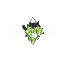 Alloy Brooches, Cartoon Cat & Plant Enamel Pins, Black, 30x25mm(FIND-SZC0016-199)