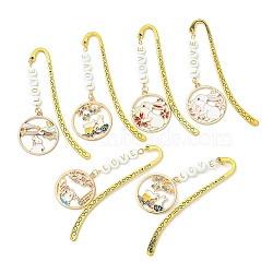 Chinese Style Rabbit Alloy Enamel Pendant Bookmarks, Hook Bookmark with Acrylic Beaded Word LOVE, Mixed Color, 84mm, 6 styles, 1pc/style, 6pcs/set(AJEW-JK00230)