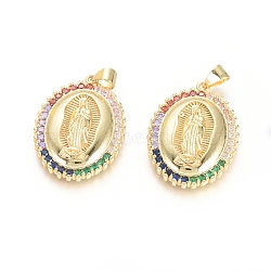 Brass Micro Pave Cubic Zirconia Pendants, Lady of Guadalupe Charms, Long-Lasting Plated, Oval with Virgin Mary, Colorful, Golden, 27x20x3mm, Hole: 5x3mm(KK-I657-46G)