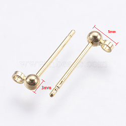 Brass Stud Earrings Findings, with Loop, Long-Lasting Plated, Nickel Free, Round, Real 18K Gold Plated, 13mm, Hole: 1.2mm, Pin: 0.7mm, Ball: 3mm in diameter(KK-G333-09G-NF)
