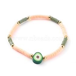 Handmade Polymer Clay Heishi Beaded Stretch Bracelets, with Brass Round Beads, Avocado, Golden, Olive, Inner Diameter: 2-1/8 inch(5.5cm)(BJEW-JB06142-02)