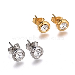 304 Stainless Steel Stud Earrings, with Cubic Zirconia and Ear Nuts, Flat Round, Clear, Mixed Color, 6.5mm, Pin: 0.7mm, 6pairs/card(EJEW-L251-B01)