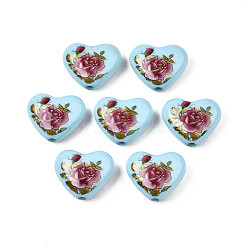Flower Printed Opaque Acrylic Heart Beads, Sky Blue, 16x19x8mm, Hole: 2mm(SACR-S305-28-G03)