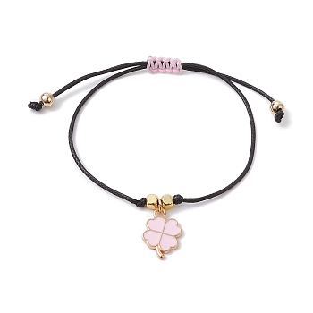 Alloy Enamel Clover Charm Bracelet, Braided Adjustable Bracelet, Pearl Pink, Inner Diameter: 3-3/8 inch(8.6cm)