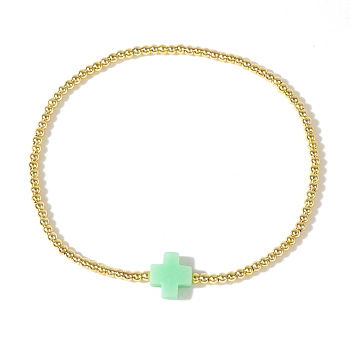 Cross Natural Gemstone & Brass Bead Stretch Bracelets for Women, Aquamarine, Inner Diameter: 6-7/8 inch(17.5cm)