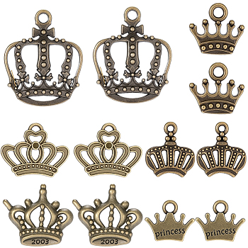 60Pcs 6 Styles Tibetan Style Alloy Charms, Cadmium Free & Lead Free, Crown, Antique Bronze, 10.5~34x12.5~28x1.8~4mm, Hole: 1~3.1mm, 10pcs/style