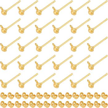 CHGCRAFT 60Pcs 2 Styles Brass Stud Earring Findings, with Brass Ear Nuts, Real 18K Gold Plated, 30pcs/style