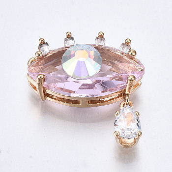Glass Pendants Links, with Light Gold Tone Brass Findings, Eye with Teardrop, Pink, 20.5x18x8mm, Hole: 1mm