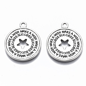 Tibetan Style Alloy Pendants, Lead Free & Cadmium Free, Flat Round with Star & Word Make a Wish & Success, Antique Silver, 26x22x1.5mm, Hole: 2mm, about 350pcs/1000g