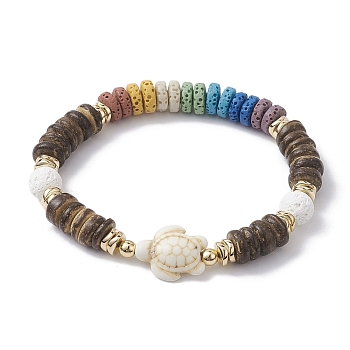 Dyed Natural Lava Rock & Coconut & Synthetic Turquoise Beaded Stretch Bracelet, Colorful, Turtle, Inner Diameter: 2-1/8 inch(5.5cm)