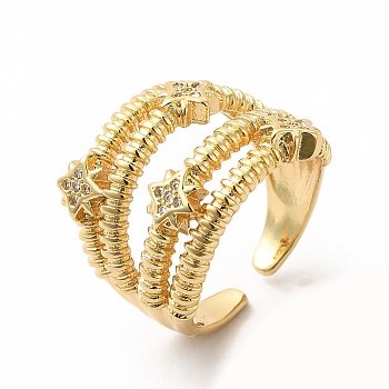 Clear Cubic Zirconia Star Open Cuff Ring, Brass Jewelry for Women, Golden, Inner Diameter: 18mm