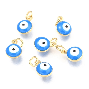 Brass Enamel Charms, Real 18K Gold Plated, Long-Lasting Plated, with Jump Ring, Evil Eye, Dark Blue, 9.5x6.5x4.5mm, Hole: 2.5mm