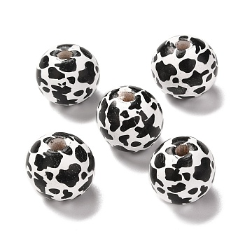Printed Wood European Beads, Large Hole Beads, Round with Cow Grain Pattern, Dyed, Black, 16x15mm, Hole: 4mm