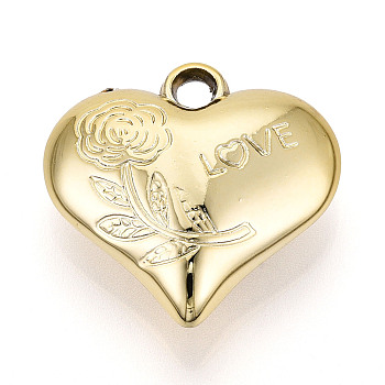 Acrylic Pendants, Heart with Flower Charms, Gold, 27.5x27.5~28x10mm, Hole: 3.5mm