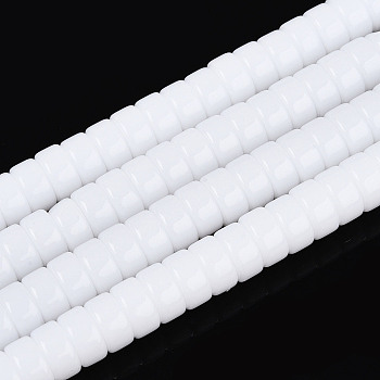 Opaque Solid Color Glass Beads Strands, Flat Round, White, 6~6.5x3~3.5mm, Hole: 0.8mm, about 114~116pcs/strand, 14.76~14.96 inch(37.5~38cm)