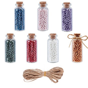 DIY Wishing Bottle Kits, include Glass Jar Glass Bottles Bead Containers, with Cork Stopper, Glass Pearl Beads and Jute Twine, Mixed Color, Bottle: 60x25mm, Hole: 12.5mm, 7pcs/set