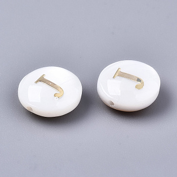 Natural Freshwater Shell Beads, with Golden Plated Brass Etched Metal Embellishments, Flat Round, Seashell Color, Letter.J, 8x3~5mm, Hole: 0.5~07mm