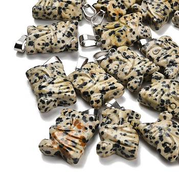 Natural Dalmatian Jasper Pendants, with 201 Stainless Steel Finding, Owl, 24~25x14.5~16x7mm, Hole: 4x7.5mm