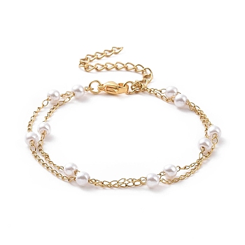 Round Plastic Imitation Pearl Beads Multi-strand Bracelets, with Vacuum Plating 304 Stainless Steel Curb Chains, White, Golden, 6-1/4 inch(15.8cm)