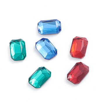 Glass Rhinestone Cabochons, Flat Back & Back Plated, Faceted, Rectangle Octagon, Mixed Color, 6x4x2mm
