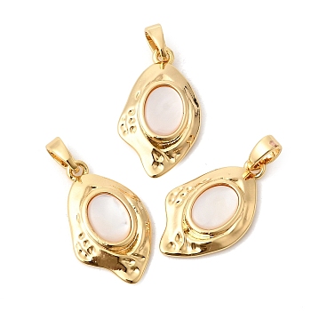 Natural White Shell Pendants, Oval Charms with Brass Settings, Real 18K Gold Plated, 21x12.5~13x2.5mm, Hole: 4.5X3mm
