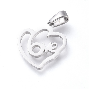 Valentine's Day 304 Stainless Steel Pendants, Heart with Word Love, Stainless Steel Color, 17.5x16x1.2mm, Hole: 2.5x5mm