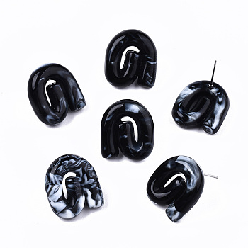 Opaque Resin Stud Earrings, Imitation Gemstone Style, with Stainless Steel Pins, Vortex, Black, 19.5x17mm, Pin: 0.7mm