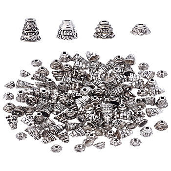 120Pcs 4 Style Tibetan Style Alloy Bead Cone, Pagoda, Antique Silver, 7~10x4.5~7.5mm, Hole: 1.4mm
