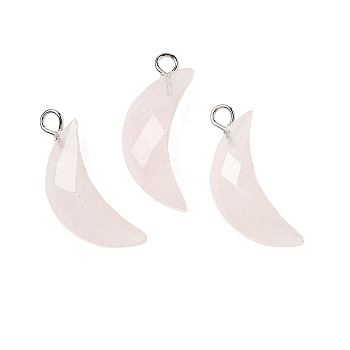 Natural Rose Quartz Pendants, with Brass Findings, Faceted, Moon Charms, 23x10x6mm, Hole: 2mm