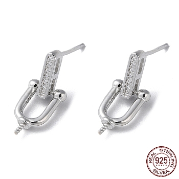 Rhodium Plated 925 Sterling Silver Stud Earring Findings, with Micro Pave Clear Cubic Zirconia, Oval, for Half Drilled Beads, with S925 Stamp, Real Platinum Plated, 9.5x7mm, Pin: 11x0.9mm and 0.7mm