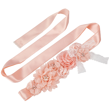 Satin Ribbon, Bridal Belt for Wedding Dress, with Imitation Pearl Beads, Garment Accessories, Light Salmon, 106-1/4x1-5/8~3-7/8 inch(2700x40mm)