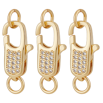3Pcs Brass Micro Pave Clear Cubic Zirconia Lobster Claw Clasps, with Jump Rings, Long-Lasting Plated, Real 18K Gold Plated, 16x8x4mm, Hole: 3.2mm