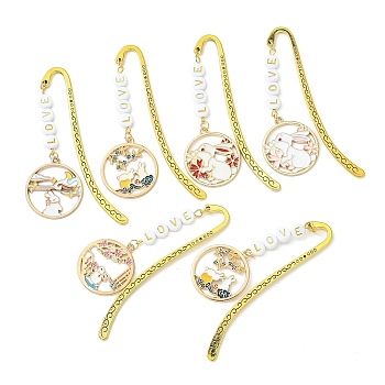 Chinese Style Rabbit Alloy Enamel Pendant Bookmarks, Hook Bookmark with Acrylic Beaded Word LOVE, Mixed Color, 84mm, 6 styles, 1pc/style, 6pcs/set
