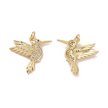 Brass Micro Pave Cubic Zirconia Pendants, Bird Charm, with Jump Ring, Real 18K Gold Plated, 23.5x24x3.5mm, Hole: 3mm