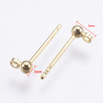 Brass Stud Earrings Findings, with Loop, Long-Lasting Plated, Nickel Free, Round, Real 18K Gold Plated, 13mm, Hole: 1.2mm, Pin: 0.7mm, Ball: 3mm in diameter