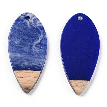 Opaque Resin & Walnut Wood Pendants, Two Tone, Horse Eye, Dark Blue, 38x18x3.5mm, Hole: 2mm