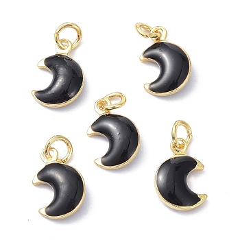 Brass Enamel Charms, Real 18K Gold Plated, with Jump Rings, Moon, Cadmium Free & Lead Free, Black, 11x7x3.5mm, Hole: 2.6mm