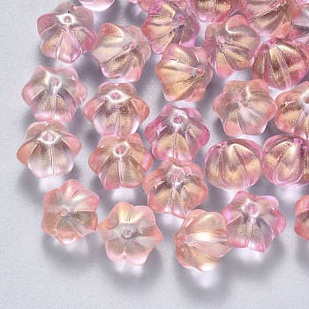 Transparent Spray Painted Glass Beads, with Glitter Powder, Flower, Pink, 10.5x9.5x8mm, Hole: 1mm
