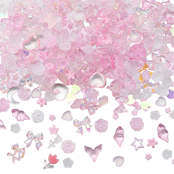 6 Bags Resin Cabochons, Nail Art Decoration Accessories, Mixed Shape, Pink, 3~15x3~11x1~4mm
