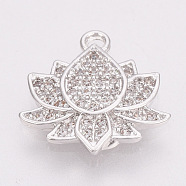 Brass Micro Pave Cubic Zirconia Charms, Lotus, Nickel Free, Real Platinum Plated, 13x13x2mm, Hole: 1mm(X-KK-T025-07P)