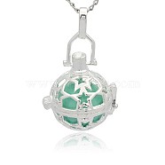 Silver Color Plated Brass Hollow Round Cage Pendants, with No Hole Spray Painted Brass Round Ball Beads, Medium Turquoise, 36x25x21mm, Hole: 3x8mm(KK-J226-09S)