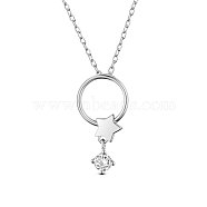 SHEGRACE Rhodium Plated 925 Sterling Silver Pendant Necklaces, with Grade AAA Cubic Zirconia, Ring with Star, with S925 Stamp, Platinum, 15.75 inch(40cm)(JN810A)