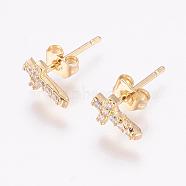 Brass Micro Pave Cubic Zirconia Stud Earrings, with Ear Nuts, Cross, Golden, 8x5x2mm, pin: 1mm(EJEW-F125-05G)