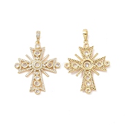 Cross Brass Micro Pave Clear Cubic Zirconia Pendants, Cadmium Free & Nickel Free & Lead Free, Real 18K Gold Plated, 49mm, Hole: 4.5x6.5mm(KK-G435-25G)