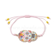 Handmade Japanese Seed Skull Link Bracelet, Braided Adjustable Bracelet for Women, Pink, Maximum Inner Diameter: 3-3/4 inch(9.5cm)(BJEW-MZ00021-02)