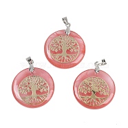 Cherry Quartz Glass Flat Round Pendants, Tree of Life Charms with Rack Plating Platinum Tone Brass Snap on Bails, Cadmium Free & Lead Free, 30.5~32x25~25.5x6.5~7.5mm, Hole: 4.5x3.5mm(G-Q188-01P-05)