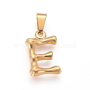 304 Stainless Steel Pendants, Bamboo Style, Letter, Golden Color, Letter.E, 18x12x3mm, Hole: 3x7mm(X-STAS-F235-01G-E)